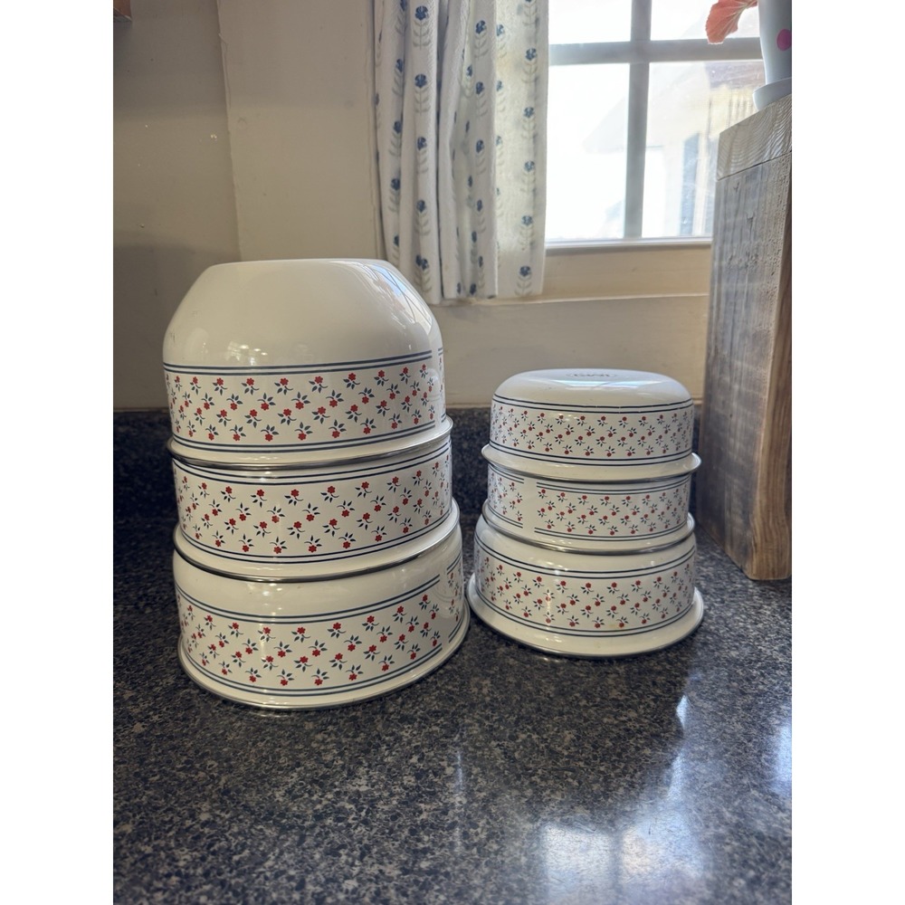 M. Kamenstein Enamel Nesting Mixing Bowl Set Of 6 Prep Storage Container Flowers